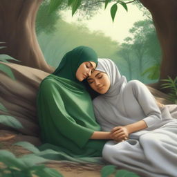 An Indonesian woman wearing a hijab, depicted in a peaceful and serene sleep alongside a man in a secluded, natural setting