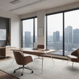 An office in modern stock style with minimalist furniture, large windows, and subtle color schemes.