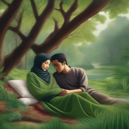 An Indonesian woman wearing a hijab, depicted in a peaceful and serene sleep alongside a man in a secluded, natural setting