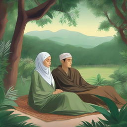 An Indonesian woman wearing a hijab, depicted in a peaceful and serene sleep alongside a man in a secluded, natural setting