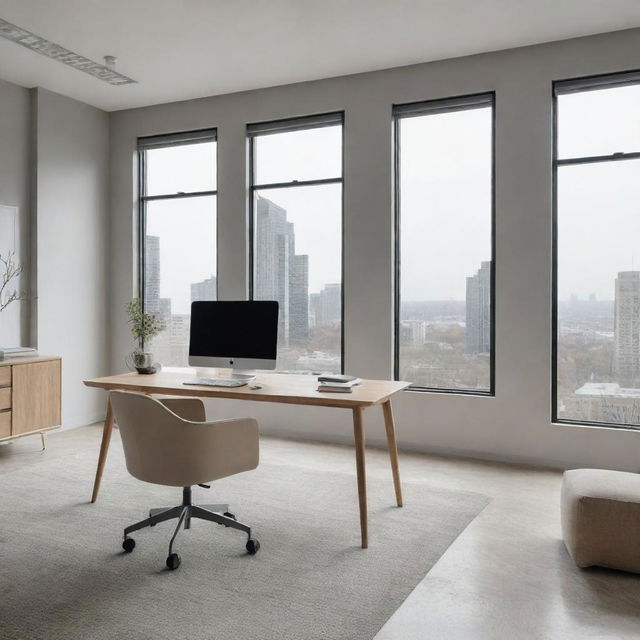 An office in modern stock style with minimalist furniture, large windows, and subtle color schemes.