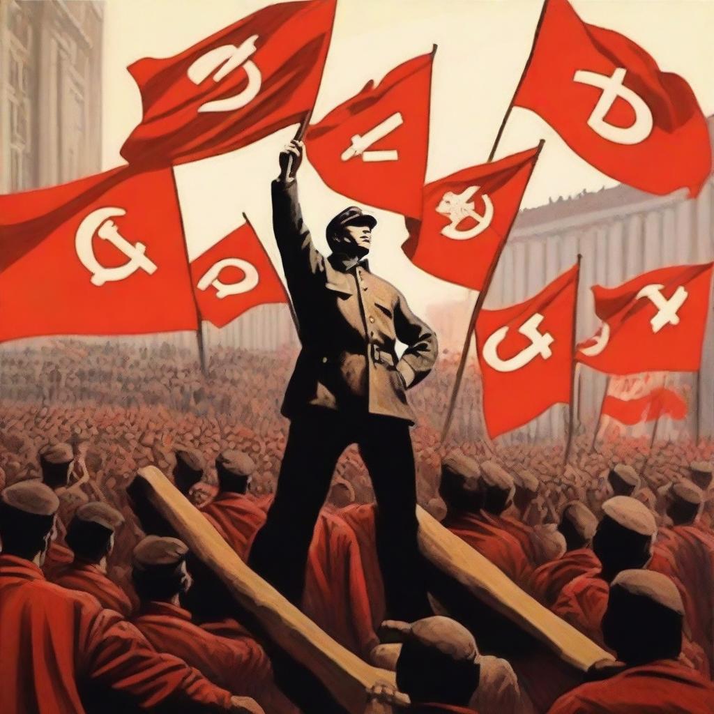 A powerful and symbolic representation of communism, featuring iconic imagery such as the hammer and sickle, red flags, and workers united