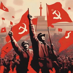 A powerful and symbolic representation of communism, featuring iconic imagery such as the hammer and sickle, red flags, and workers united