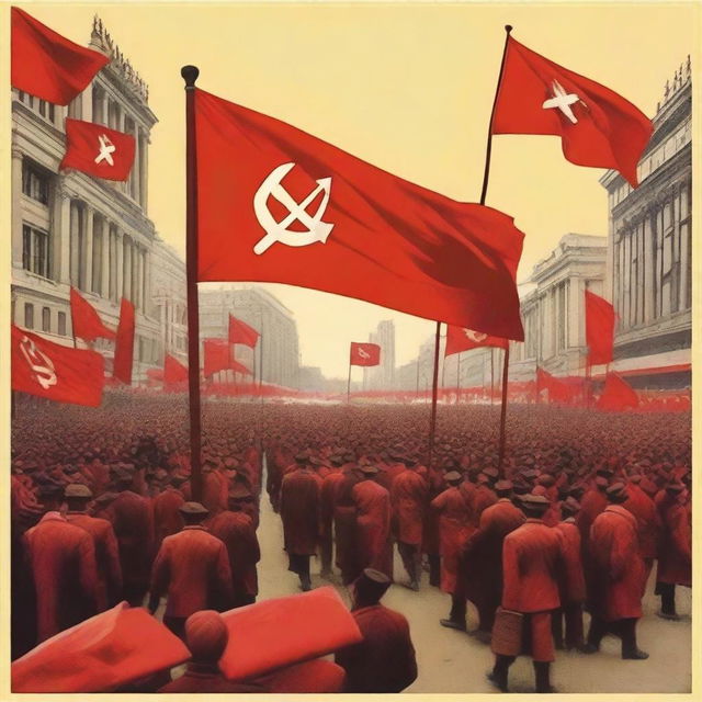 A powerful and symbolic representation of communism, featuring iconic imagery such as the hammer and sickle, red flags, and workers united