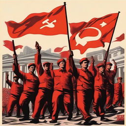 A powerful and symbolic representation of communism, featuring iconic imagery such as the hammer and sickle, red flags, and workers united