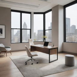 An office in modern stock style with minimalist furniture, large windows, and subtle color schemes.