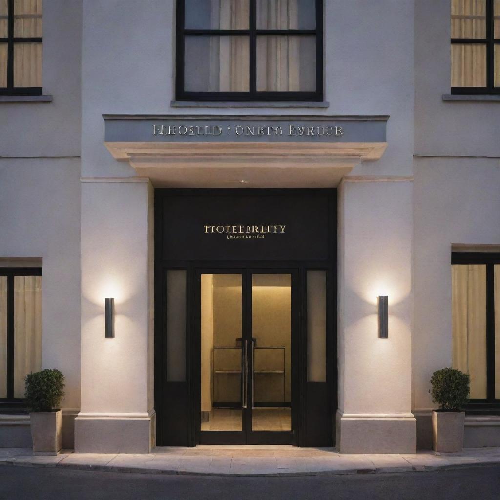 An elegant and inviting hotel signage positioned at a well-lit building entrance under the night sky.