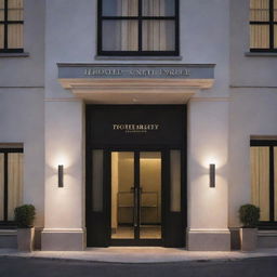 An elegant and inviting hotel signage positioned at a well-lit building entrance under the night sky.