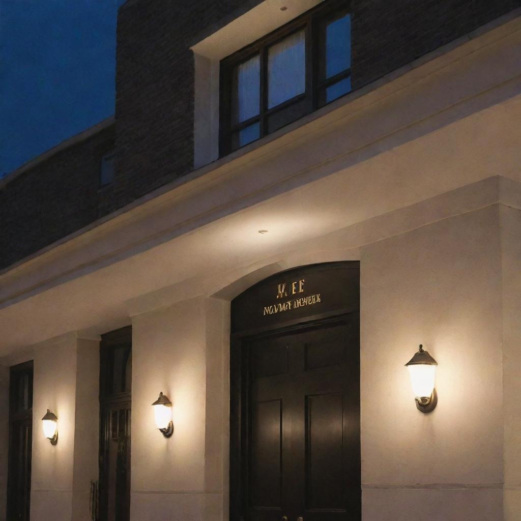 An elegant and inviting hotel signage positioned at a well-lit building entrance under the night sky.