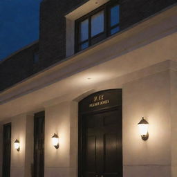 An elegant and inviting hotel signage positioned at a well-lit building entrance under the night sky.