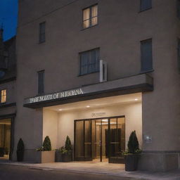 An elegant and inviting hotel signage positioned at a well-lit building entrance under the night sky.