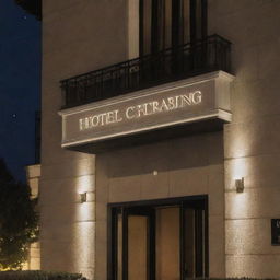 An elegant and inviting hotel signage positioned at a well-lit building entrance under the night sky.