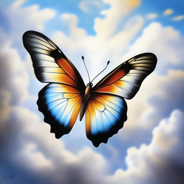 A detailed portrait painting of a butterfly flying gracefully among the clouds