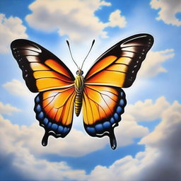 A detailed portrait painting of a butterfly flying gracefully among the clouds