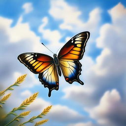 A detailed portrait painting of a butterfly flying gracefully among the clouds