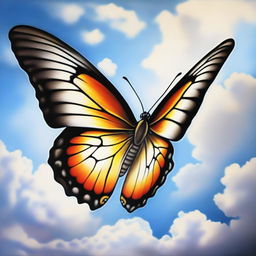 A detailed portrait painting of a butterfly flying gracefully among the clouds