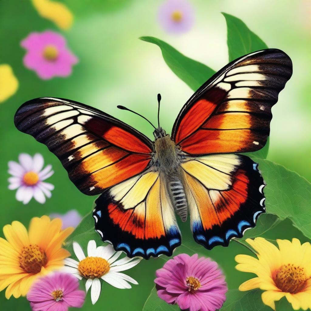 A detailed and vibrant image of a butterfly with intricate patterns on its wings, set against a background of colorful flowers and lush greenery, capturing the beauty and delicacy of nature