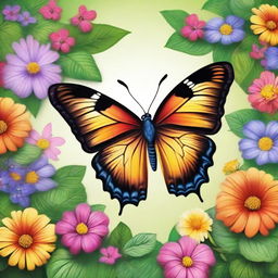 A detailed and vibrant image of a butterfly with intricate patterns on its wings, set against a background of colorful flowers and lush greenery, capturing the beauty and delicacy of nature