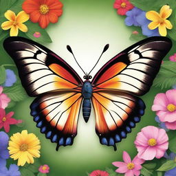 A detailed and vibrant image of a butterfly with intricate patterns on its wings, set against a background of colorful flowers and lush greenery, capturing the beauty and delicacy of nature