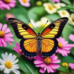 A detailed and vibrant image of a butterfly with intricate patterns on its wings, set against a background of colorful flowers and lush greenery, capturing the beauty and delicacy of nature