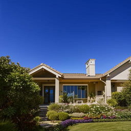 An exterior view of a beautiful house owned by a proud homeowner, with lush gardens and cloudless blue sky overhead.