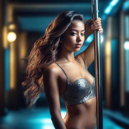 Create a visually striking and highly detailed image of a girl pole dancing with intricate details