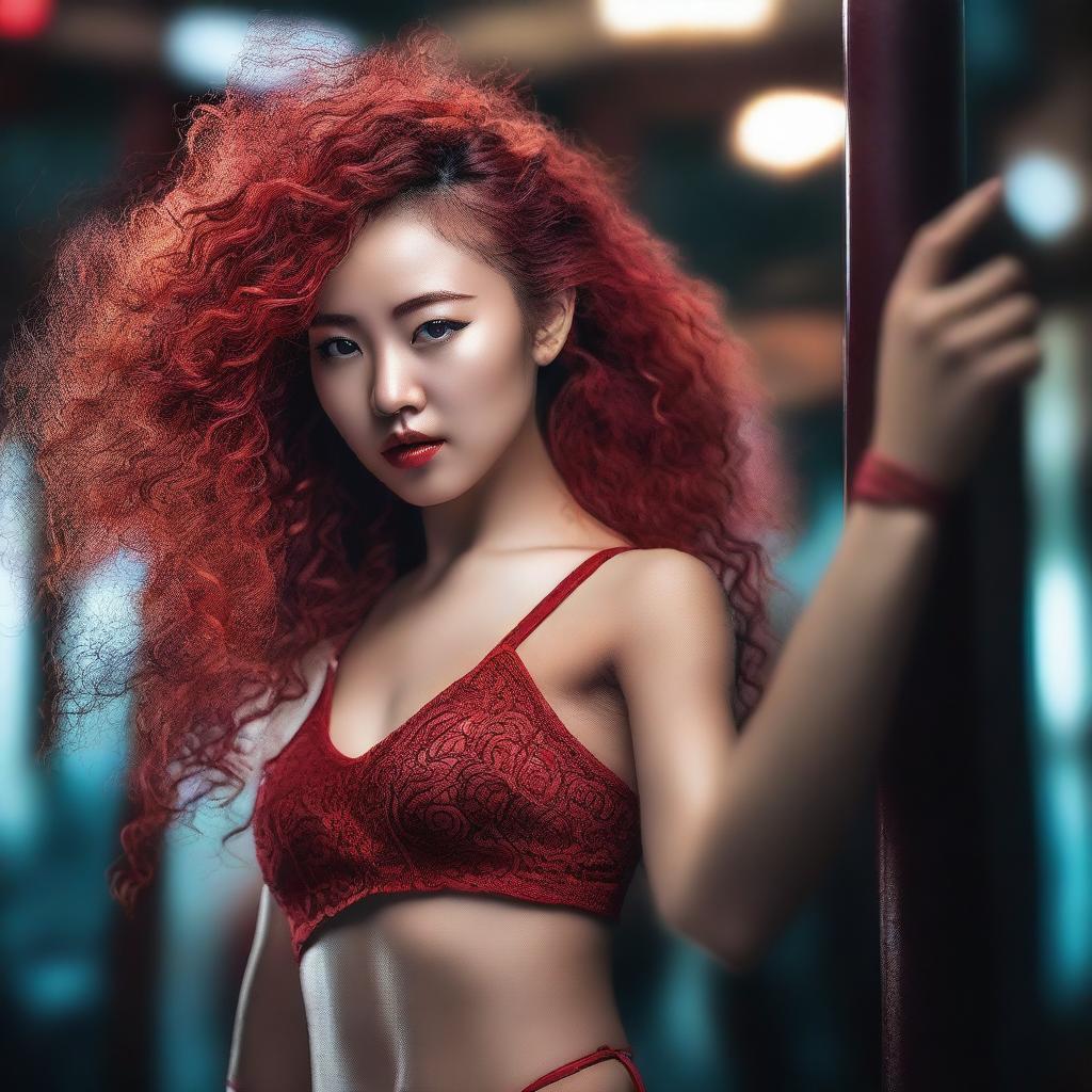 Create a visually striking and highly detailed image of an Asian girl with red long curly hair pole dancing with intricate details