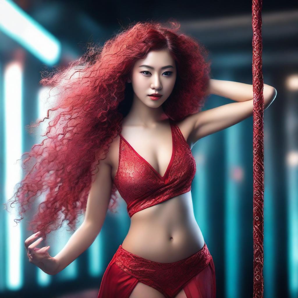 Create a visually striking and highly detailed image of a beautiful Asian girl with red long curly hair pole dancing with intricate details