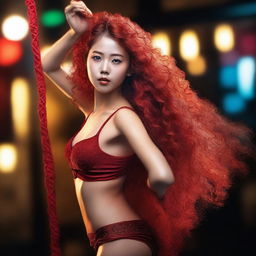 Create a visually striking and highly detailed image of a beautiful Asian girl with red long curly hair pole dancing with intricate details