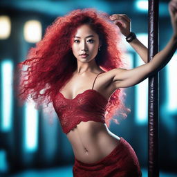 Create a visually striking and highly detailed image of a beautiful Asian girl with red long curly hair pole dancing with intricate details