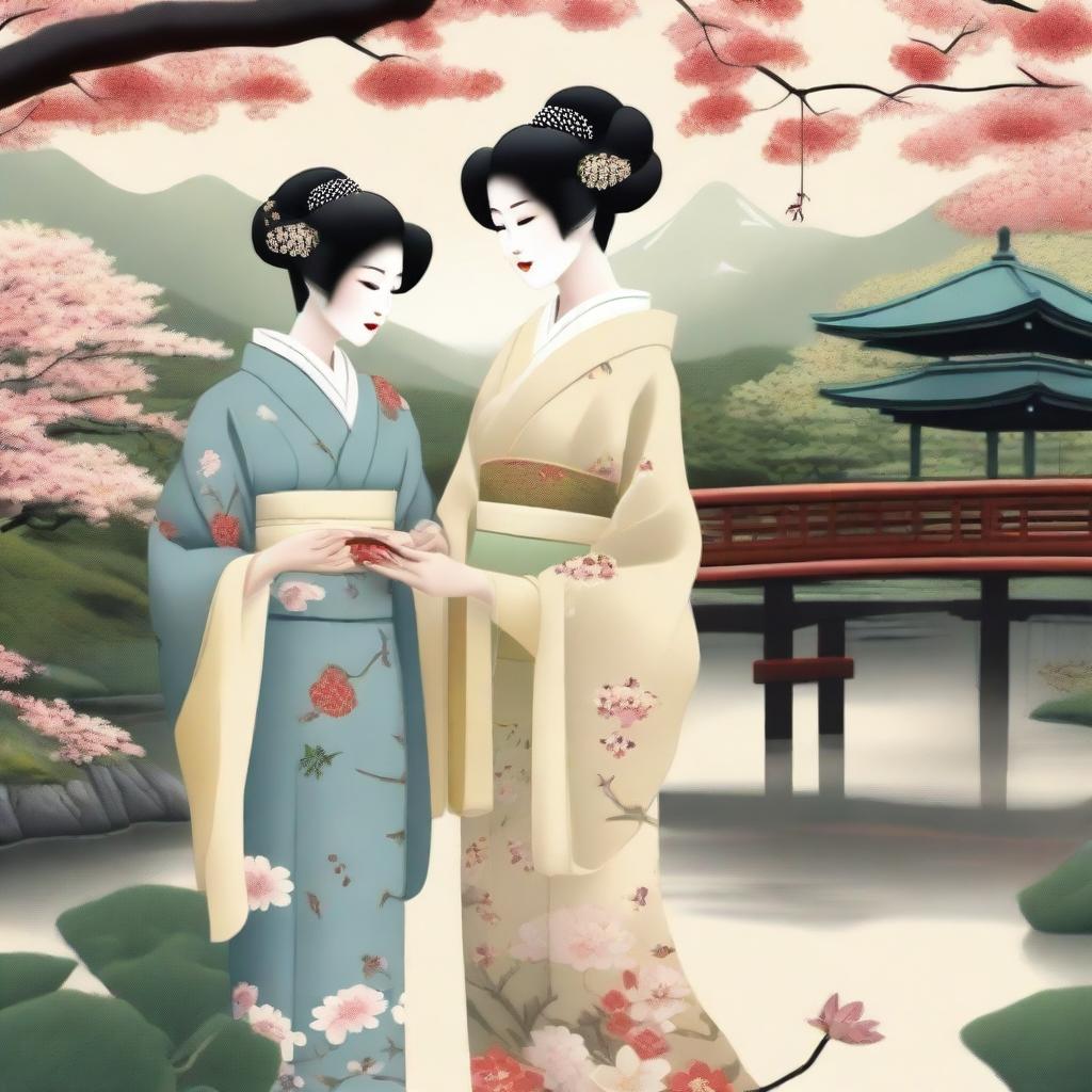 A tasteful and artistic depiction of Japanese women in elegant traditional attire, such as kimonos, set against a serene and beautiful Japanese garden backdrop