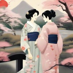 A tasteful and artistic depiction of Japanese women in elegant traditional attire, such as kimonos, set against a serene and beautiful Japanese garden backdrop