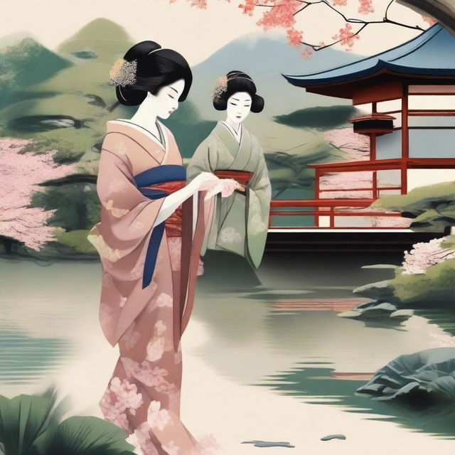 A tasteful and artistic depiction of Japanese women in elegant traditional attire, such as kimonos, set against a serene and beautiful Japanese garden backdrop