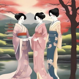 A tasteful and artistic depiction of Japanese women in elegant traditional attire, such as kimonos, set against a serene and beautiful Japanese garden backdrop