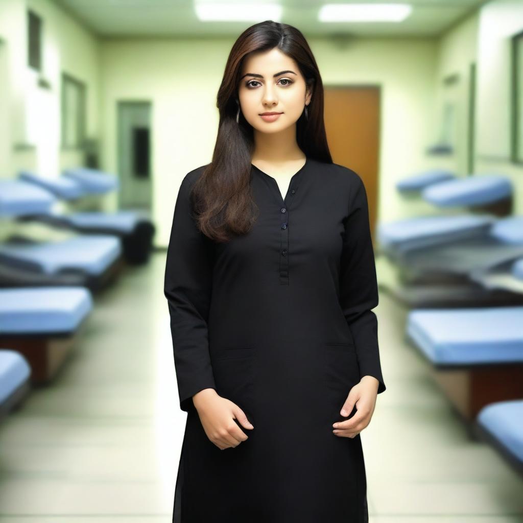 A young Pakistani female doctor wearing a black salwar kameez