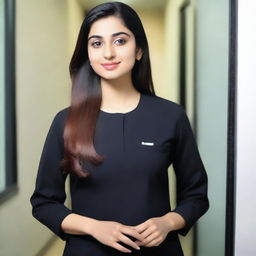 A young Pakistani female doctor wearing a black salwar kameez