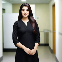 A young Pakistani female doctor wearing a black salwar kameez