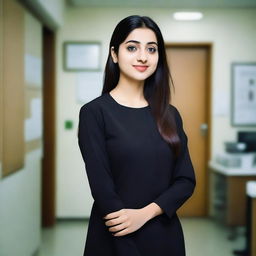 A young Pakistani female doctor wearing a black salwar kameez