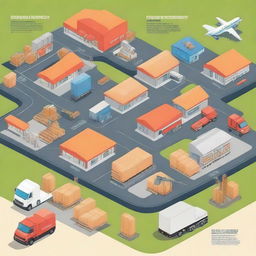 A detailed illustration depicting supply chain management, showing various stages like procurement, production, warehousing, and distribution