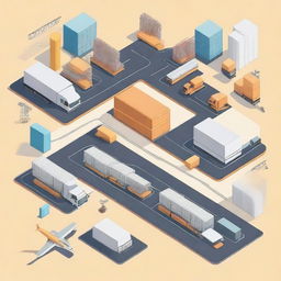 A detailed illustration depicting supply chain management, showing various stages like procurement, production, warehousing, and distribution