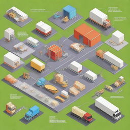 A detailed illustration depicting supply chain management, showing various stages like procurement, production, warehousing, and distribution