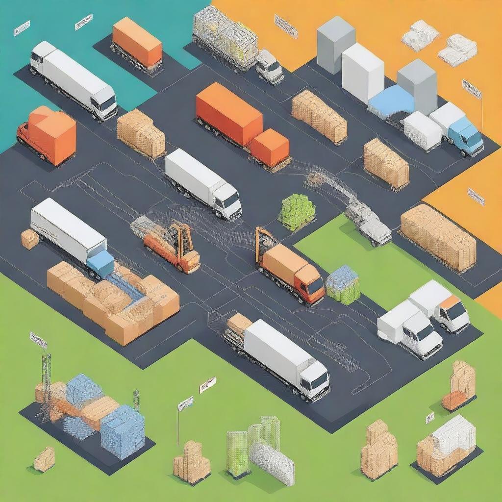 A detailed illustration depicting supply chain management, showing various stages like procurement, production, warehousing, and distribution