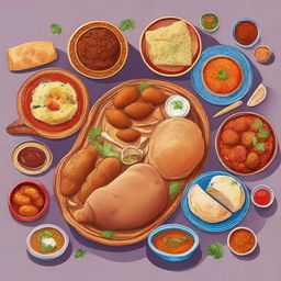 A vibrant and detailed illustration showcasing a variety of Indian food items