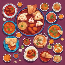 A vibrant and detailed illustration showcasing a variety of Indian food items