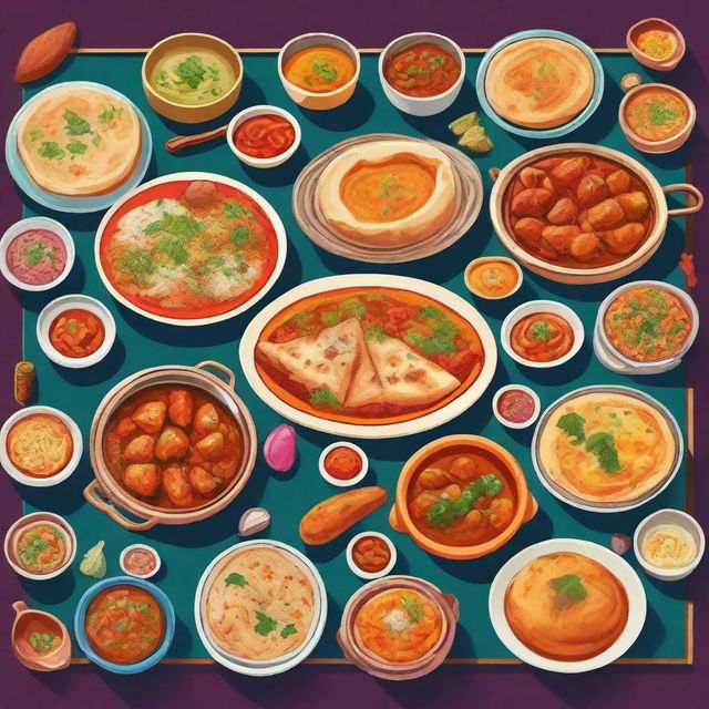 A vibrant and detailed illustration showcasing a variety of Indian food items