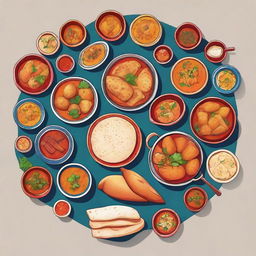 A vibrant and detailed illustration showcasing a variety of Indian food items