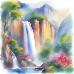 A beautiful watercolour painting of a majestic waterfall cascading down a rocky cliff surrounded by lush greenery and vibrant flowers