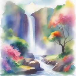 A beautiful watercolour painting of a majestic waterfall cascading down a rocky cliff surrounded by lush greenery and vibrant flowers