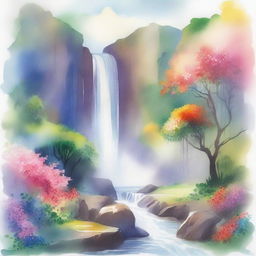 A beautiful watercolour painting of a majestic waterfall cascading down a rocky cliff surrounded by lush greenery and vibrant flowers