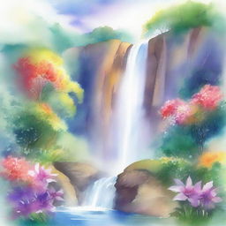 A beautiful watercolour painting of a majestic waterfall cascading down a rocky cliff surrounded by lush greenery and vibrant flowers